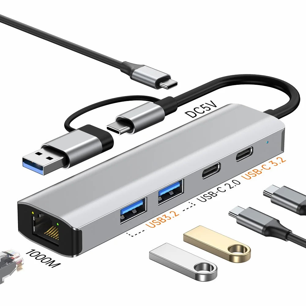 2503 USB / Type-C Hub Gigabit RJ45 2xUSB3.2 USB-C2.0 USB-C3.2 DC5V 6 in 1 Docking Station - 2