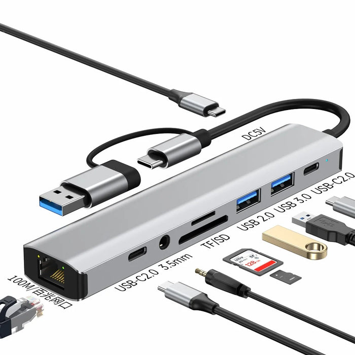 2509 USB-C / USB Hub 9 in 1 Docking Station RJ45 USB3.0 USB2.0 USB-C2.0 3.5mm DC5V SD / TF Card Reader Adapter - 2