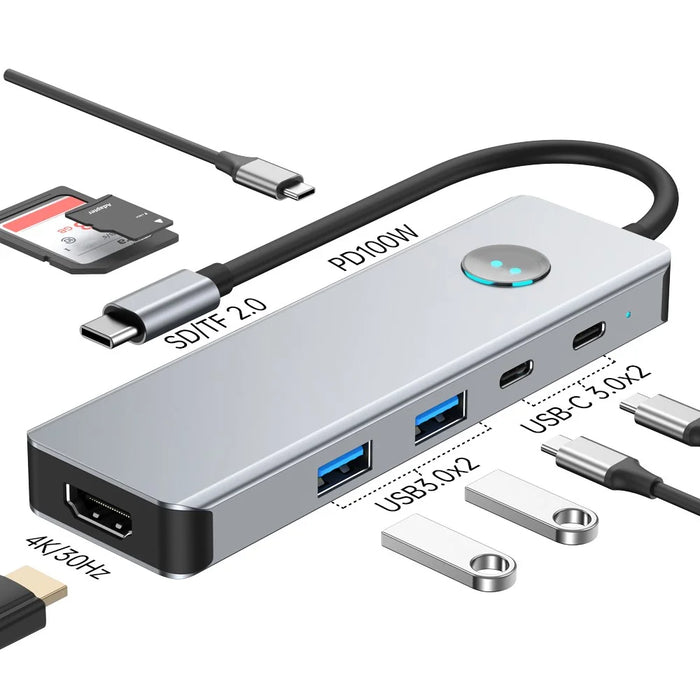 2419 Type-C Hub 8 in 1 Docking Station 4K HD SD / TF USB3.0 PD 100W Laptops Adapter with One-Key Screen Off Function - 2