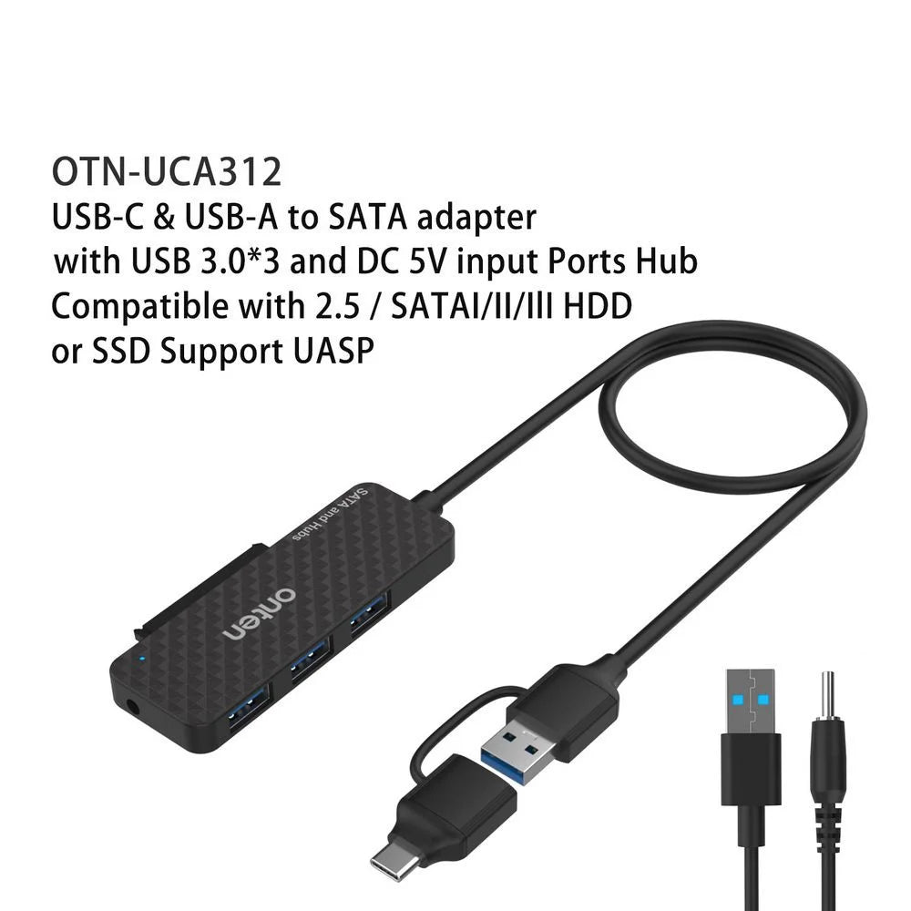ONTEN UCA312 USB A + USB C to SATA Adapter with 3 Ports USB 3.0 Hub for 2.5 Inch HDD SSD - 5