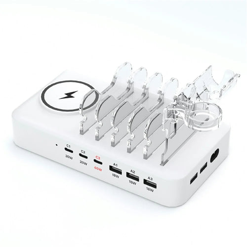 150W USB A + Type C 8 Ports Charger Hub GaN Fast Charging Station with 15W Wireless Charging - White / US Plug - 1