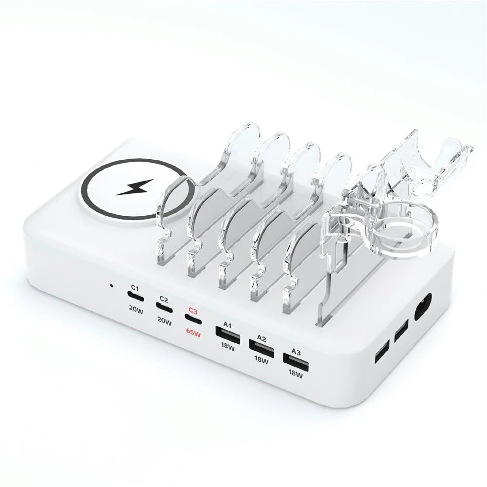 150W USB A + Type C 8 Ports Charger Hub GaN Fast Charging Station with 15W Wireless Charging - White / US Plug - 1