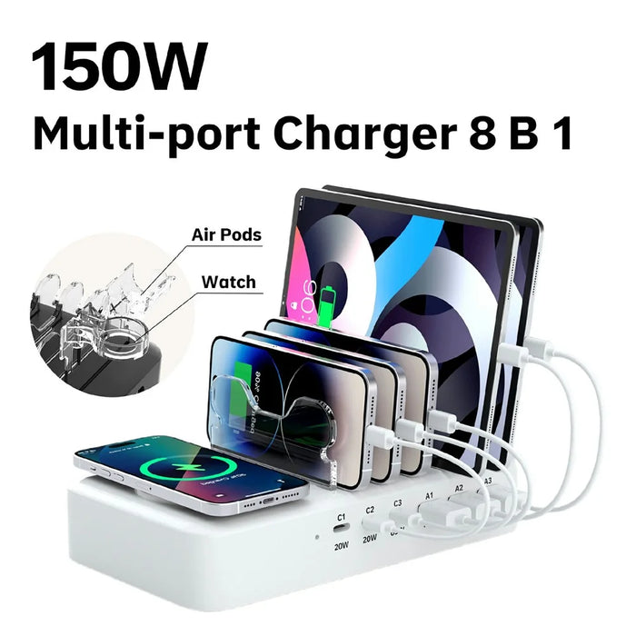 150W USB A + Type C 8 Ports Charger Hub GaN Fast Charging Station with 15W Wireless Charging - White / US Plug - 2