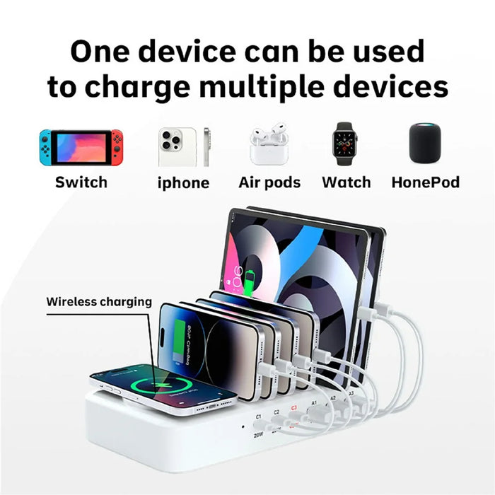 150W USB A + Type C 8 Ports Charger Hub GaN Fast Charging Station with 15W Wireless Charging - White / US Plug - 3