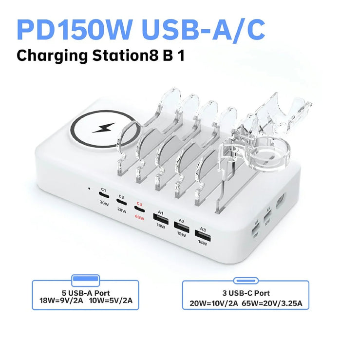150W USB A + Type C 8 Ports Charger Hub GaN Fast Charging Station with 15W Wireless Charging - White / US Plug - 6