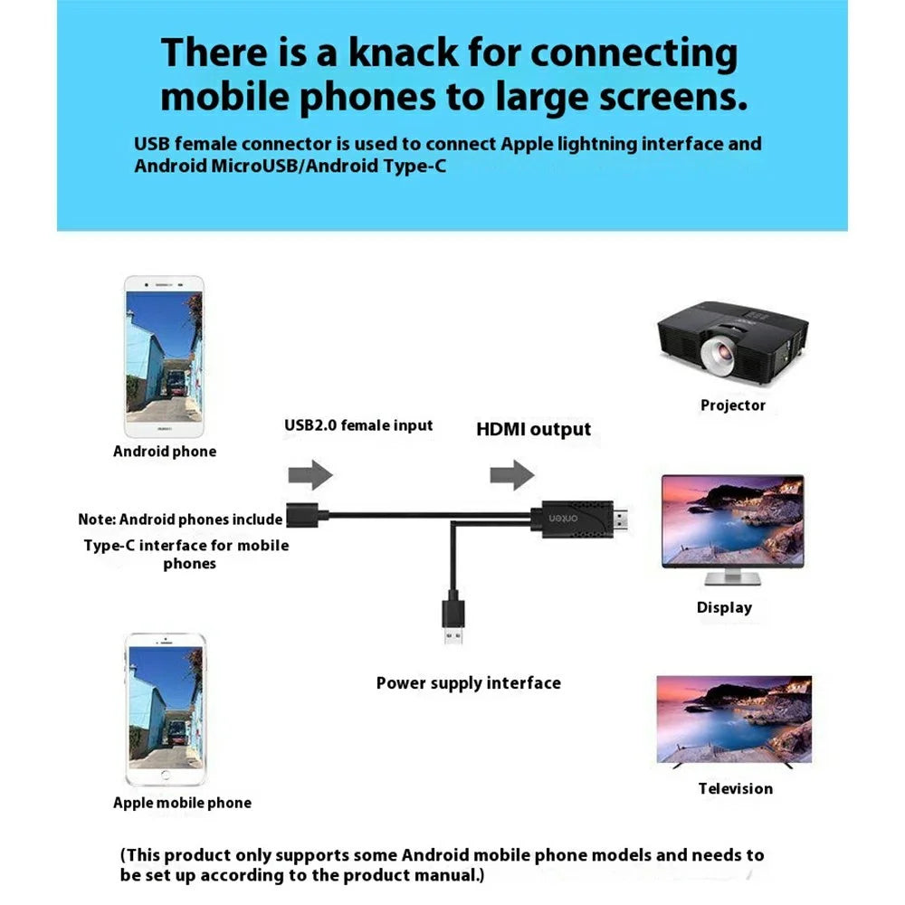 ONTEN OTN-7562S USB Male Power + USB2.0 Female to HD Adapter Cable Smartphone Screen Mirroring Cord - 3
