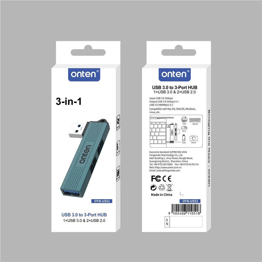 ONTEN OTN-US51 USB-A to 2xUSB 2.0 + USB3.0 Hub High Speed Data Transfer Aluminum Alloy Adapter - 7