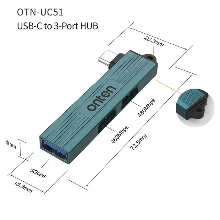 ONTEN OTN-UC51 USB-C Hub USB3.0 + 2xUSB2.0 Splitter Expansion Adapter for Laptop Tablet Smartphone - 5