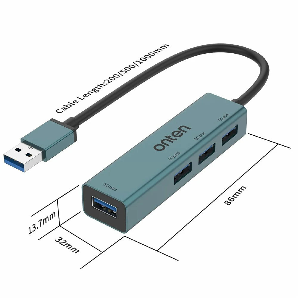 ONTEN 5222 4 in 1 USB Hub Aluminum Alloy 5Gbps Data Transfer 4xUSB 3.0 Splitter Adapter - 6