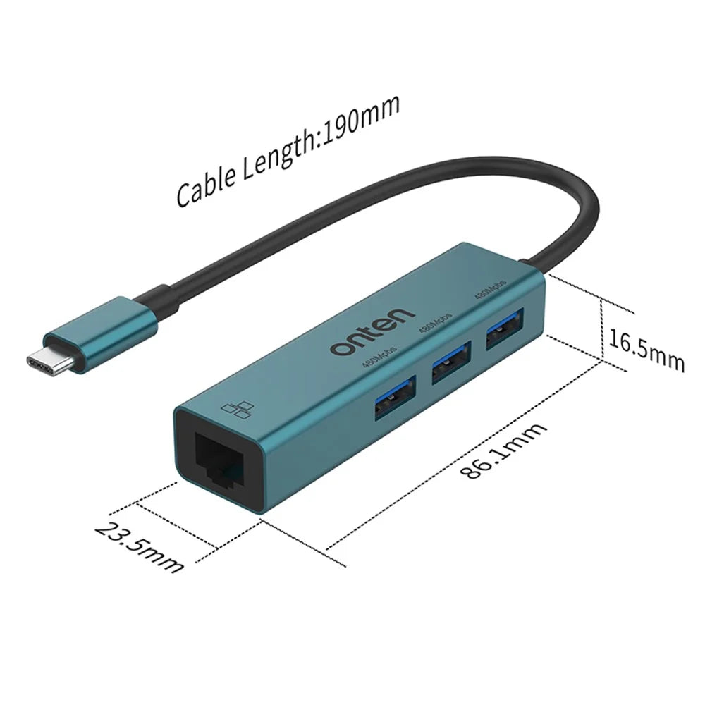 ONTEN 95226 Type-C to RJ45 + 3xUSB2.0 Ethernet Adapter USB Hub 4 in 1 Docking Station - 7