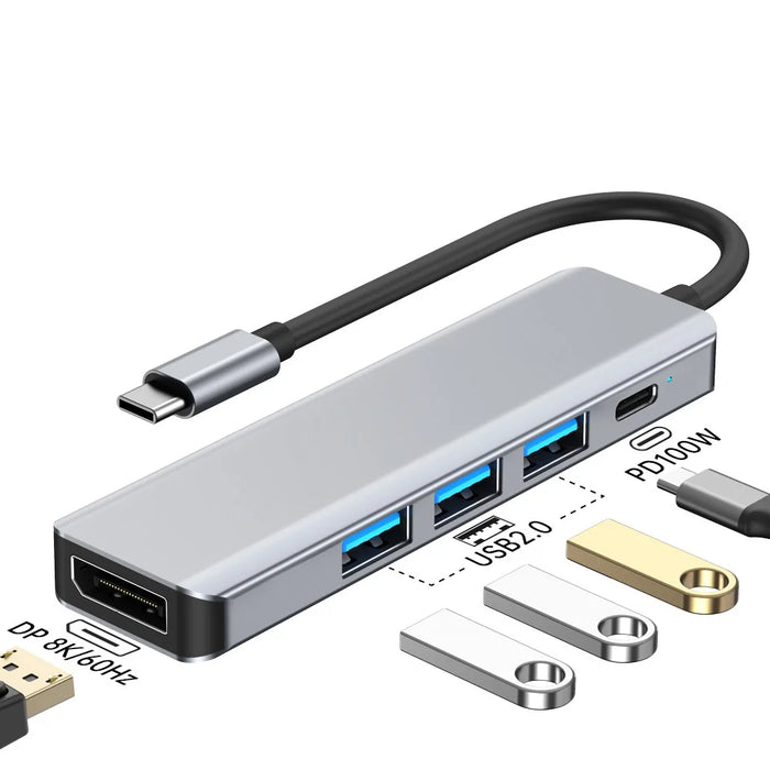 2421 Type-C 5 in 1 Laptop Expansion Hub 8K DP 100W PD Charging USB 2.0 Ports Adapter - 2