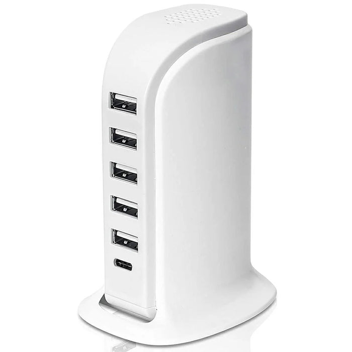 828 40W Multi-Port Charger Type-C + 5 USB-A Desktop Phone Fast Charging Station - White / US Plug - 1