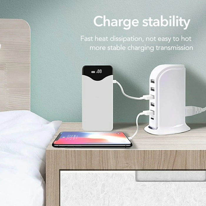828 40W Multi-Port Charger Type-C + 5 USB-A Desktop Phone Fast Charging Station - White / US Plug - 3