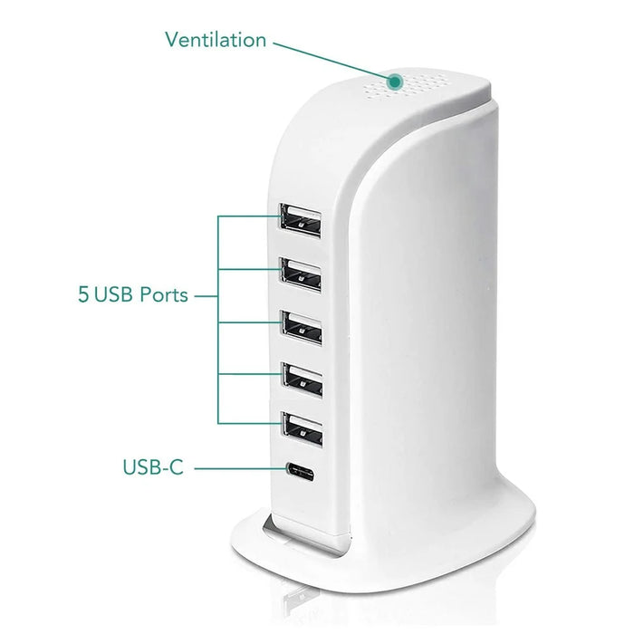 828 40W Multi-Port Charger Type-C + 5 USB-A Desktop Phone Fast Charging Station - White / US Plug - 4