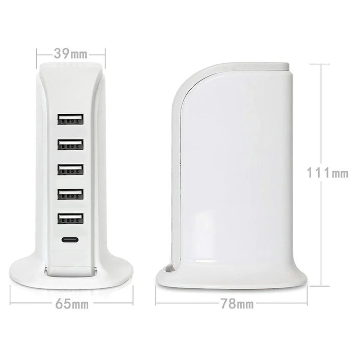828 40W Multi-Port Charger Type-C + 5 USB-A Desktop Phone Fast Charging Station - White / US Plug - 5