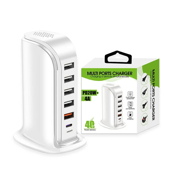 828 40W Multi-Port Charger Type-C + 5 USB-A Desktop Phone Fast Charging Station - White / US Plug - 6
