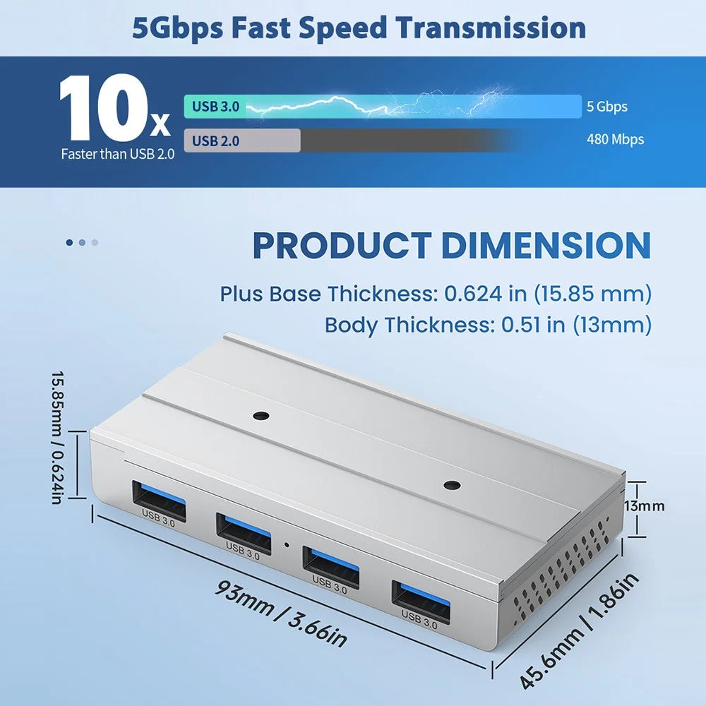 HST-4A-U3 USB Hub 4 Ports USB 3.0 Aluminum Alloy Magnetic Rail Extension Dock - Black - 6