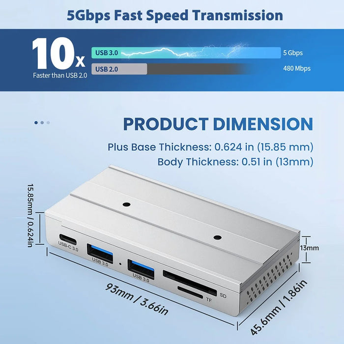 HST-2A1CTS USB Hub Magnetic Rail Expansion Dock 2 x USB3.0 + Type-C + SD TF Card Reader - Black - 6