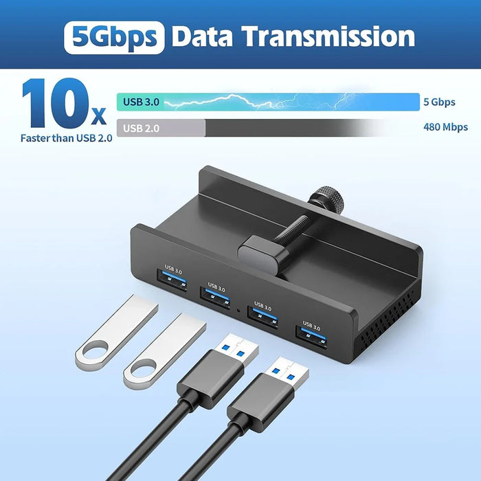 HCL-4A-Pro 4 Ports USB 3.0 Hub 5Gbps Data Transfer Driver Free Clip On External Dock Station - Black - 3