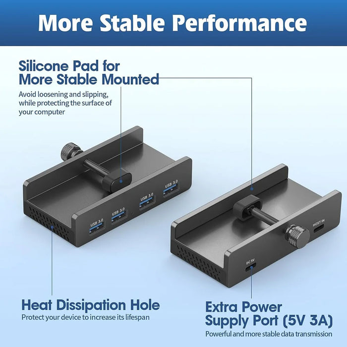 HCL-4A-Pro 4 Ports USB 3.0 Hub 5Gbps Data Transfer Driver Free Clip On External Dock Station - Black - 4