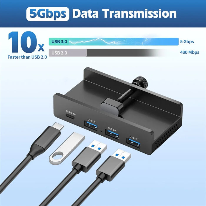 YW-HCL-3A1C-Pro 5Gbps Data Transfer 4 Ports Hub Type C 3.0 + 3 USB 3.0 Clip On External Dock Station - Black - 3