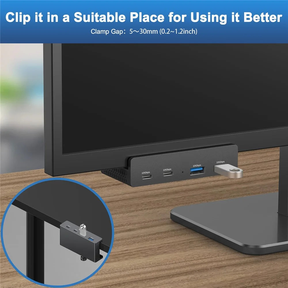 YW-HCL-2A2C-Pro 4 Ports USB Hub 2 USB 3.1 + 2 Type C 3.1 10Gbps High Speed Data Transfer Clip On External Dock Station - Black - 2