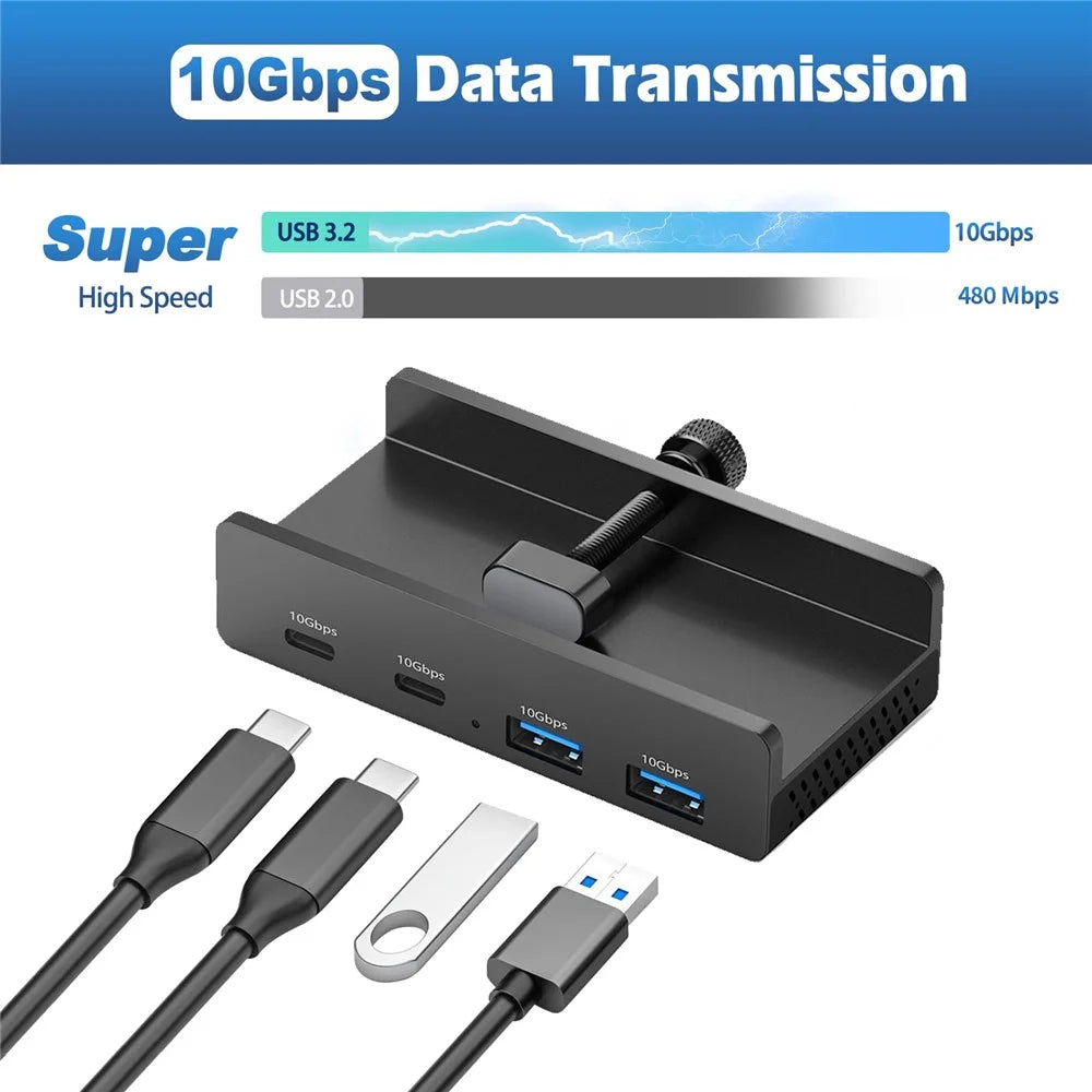 YW-HCL-2A2C-Pro 4 Ports USB Hub 2 USB 3.1 + 2 Type C 3.1 10Gbps High Speed Data Transfer Clip On External Dock Station - Black - 3
