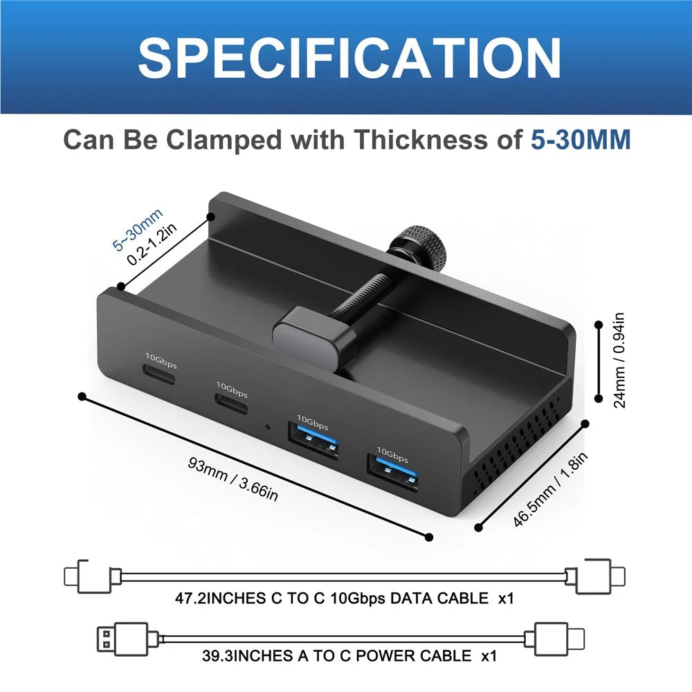 YW-HCL-2A2C-Pro 4 Ports USB Hub 2 USB 3.1 + 2 Type C 3.1 10Gbps High Speed Data Transfer Clip On External Dock Station - Black - 7