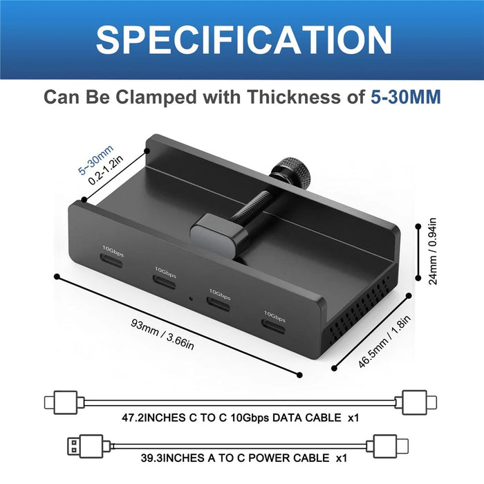 YW-HCL-4C-Pro 4 Ports USB C 3.1 Hub 10Gbps High Speed Data Transfer Clip On External Dock Station - Black - 7