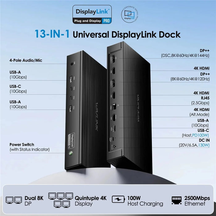 WAVLINK DisplayLink-7400 Docking Station Dual 8K / Quad 4K Multi-Monitor USB-C Laptop Dock for Mac M1 / M2 / M3 / M4 / Windows - US Plug - 6