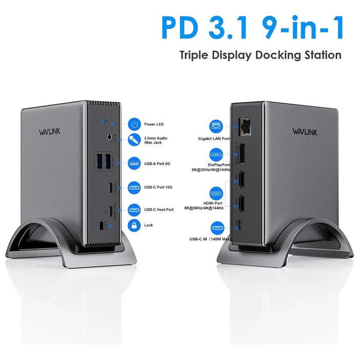 WAVLINK UMD27PRO Laptop Docking Station 2 HD + DP 140W PD Hub Adapter Support 8K 30Hz  /  4K 144Hz - US Plug - 7