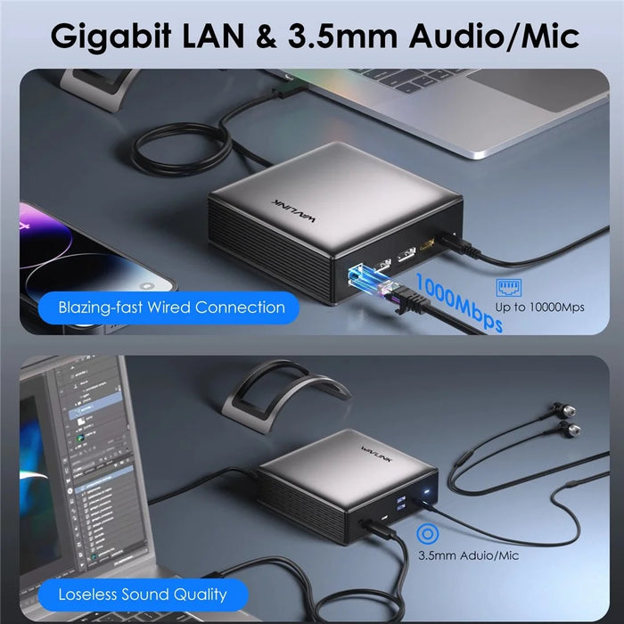 WAVLINK UMD27PRO Laptop Docking Station HD + 2 DP Ports 140W PD USB Hub Support 8K 30Hz  /  4K 144Hz - US Plug - 6