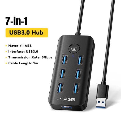 ESSAGER 7 in 1 USB 3.0 Hub For PC  /  Laptop  /  MacBook High Speed Data Transfer Multi Port Expansion - 2