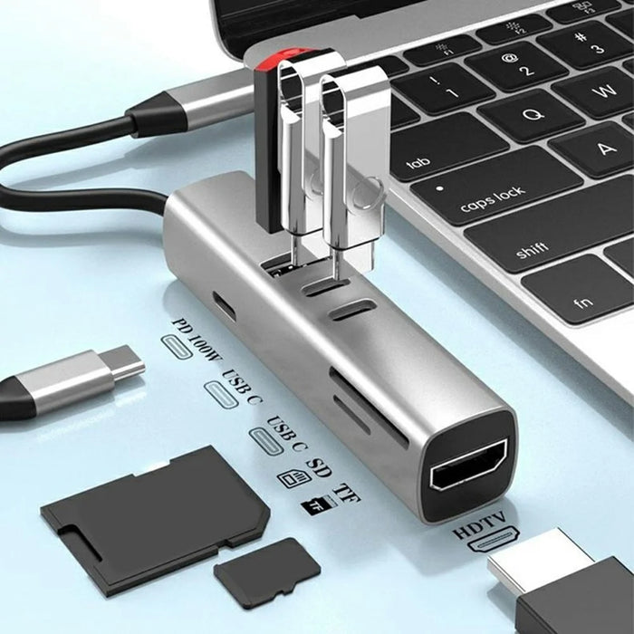 TYS-7HD-2C 100W 4K Type-C to HDTV 7-in-1 Hub Adapter with 2 USB-C / USB 3.0 / PD 100W / SD / TF Card Reader for Windows / MacOS / Linux / Android - Silver - 2