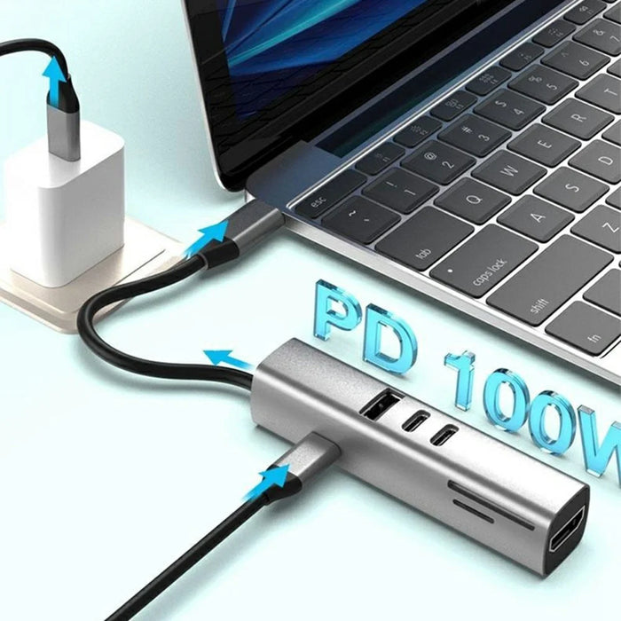 TYS-7HD-2C 100W 4K Type-C to HDTV 7-in-1 Hub Adapter with 2 USB-C / USB 3.0 / PD 100W / SD / TF Card Reader for Windows / MacOS / Linux / Android - Silver - 5