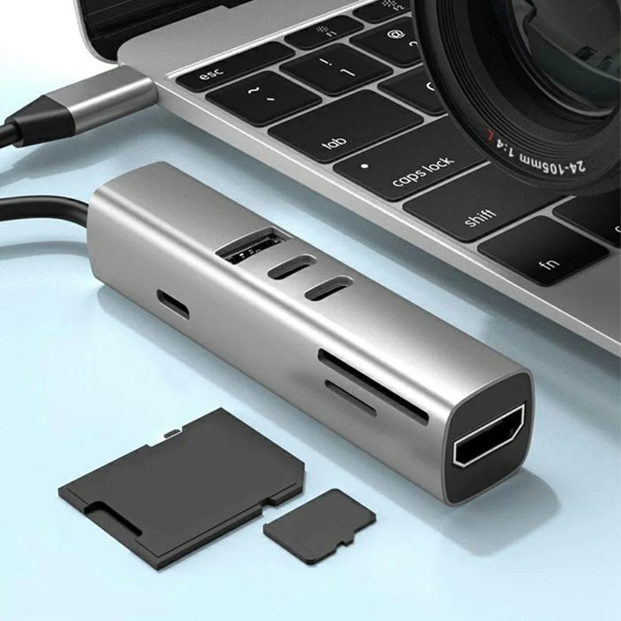 TYS-7HD-2C 100W 4K Type-C to HDTV 7-in-1 Hub Adapter with 2 USB-C / USB 3.0 / PD 100W / SD / TF Card Reader for Windows / MacOS / Linux / Android - Silver - 6