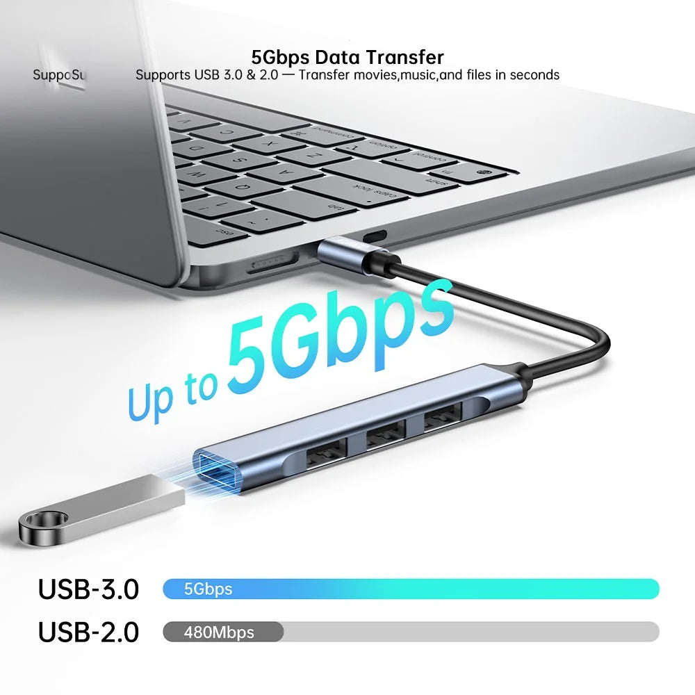 XUNDD XDDC-069 Aluminum Alloy Expansion Dock 4 in 1 USB Hub Data Transfer Multi-Port Adapter - Type-C - 3
