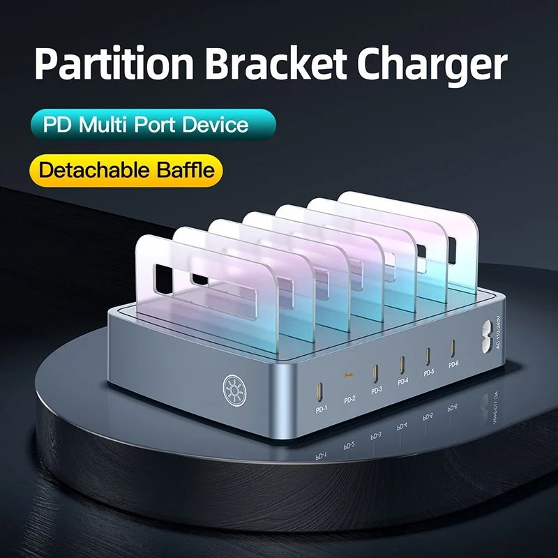 WLX-H883 Charging Station 6-Port Type-C Charger with Dividers PD Fast Charging Desktop Dock for Tablets / Smartphones - US Plug - 2