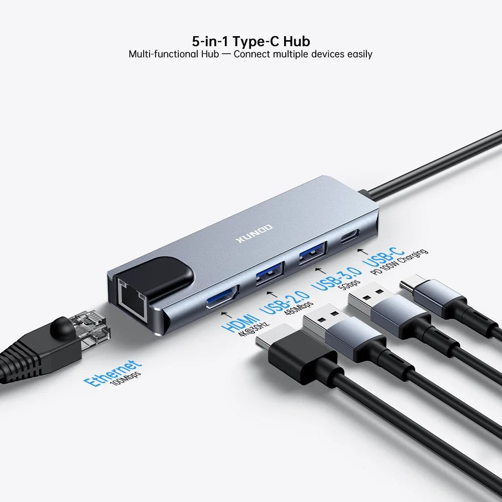 XUNDD XDDC-070 Multi-Port Adapter 5 in 1 USB-C Hub with 4K HD  /  Ethernet  /  PD Charging Ports - Grey - 2