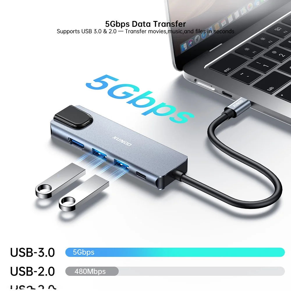 XUNDD XDDC-070 Multi-Port Adapter 5 in 1 USB-C Hub with 4K HD  /  Ethernet  /  PD Charging Ports - Grey - 3