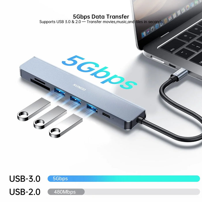 XUNDD XDDC-072 Expansion Dock 7 in 1 Type-C Hub USB-C to PD  /  USB 3.0  /  USB 2.0  /  HD  /  SD  /  TF Card Reader - Grey - 3