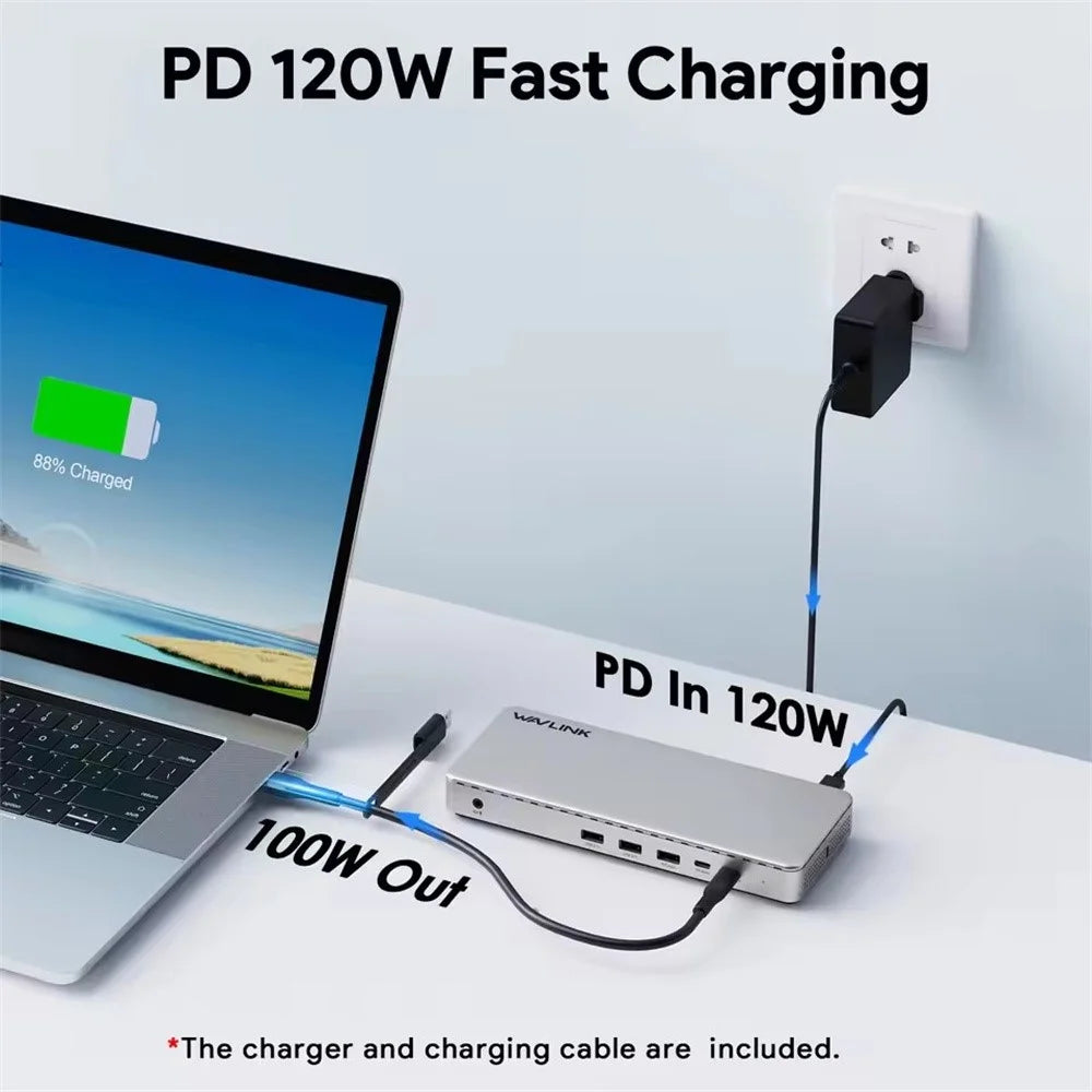 WAVLINK UG7701PRO 13 in 1 Docking Station with SM770 Chip USB-C / A to HD / DP Hub Adapter Support Triple 4K@60Hz Display for Laptop / PC - US Plug - 2