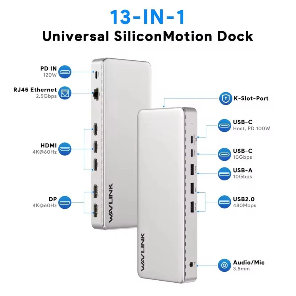 WAVLINK UG7701PRO 13 in 1 Docking Station with SM770 Chip USB-C / A to HD / DP Hub Adapter Support Triple 4K@60Hz Display for Laptop / PC - US Plug - 5