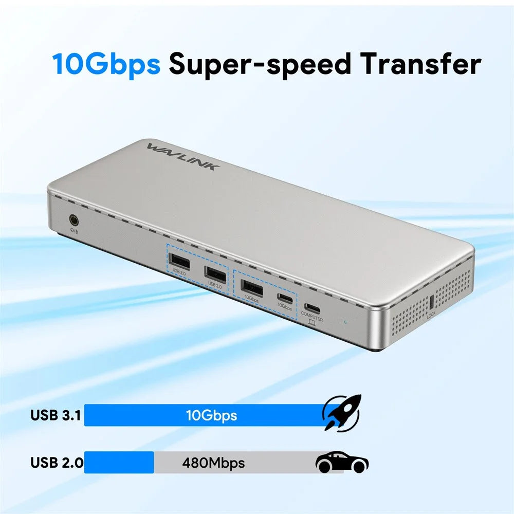 WAVLINK UG7701PRO 13 in 1 Docking Station with SM770 Chip USB-C / A to HD / DP Hub Adapter Support Triple 4K@60Hz Display for Laptop / PC - US Plug - 6