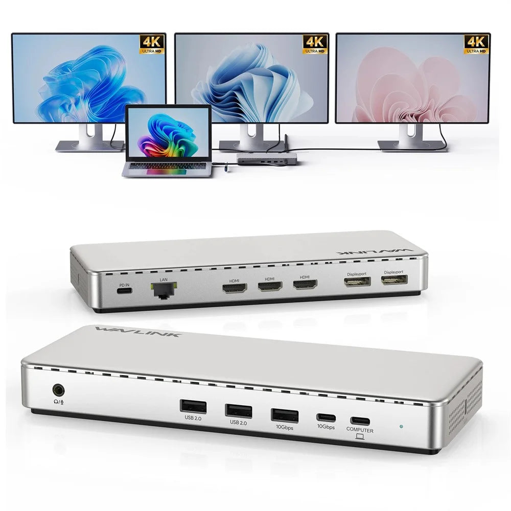 WAVLINK UG7701PRO 13 in 1 Docking Station with SM770 Chip USB-C / A to HD / DP Hub Adapter Support Triple 4K@60Hz Display for Laptop / PC - US Plug - 7