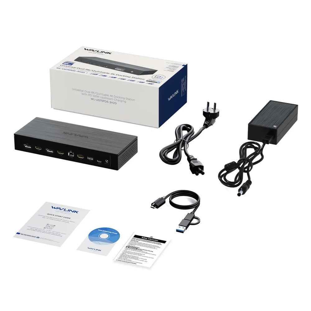 WAVLINK WL-UG75PD5-3H2D2 Universal Docking Station Dual 8K / Quintuple 4K DisplayLink 7400 Hub Adapter - EU Plug - 1