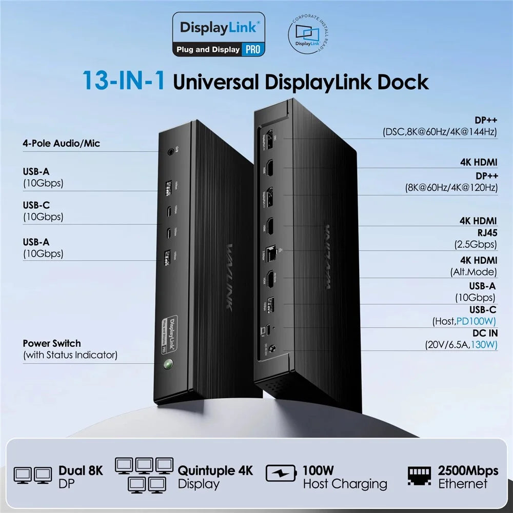 WAVLINK WL-UG75PD5-3H2D2 Universal Docking Station Dual 8K / Quintuple 4K DisplayLink 7400 Hub Adapter - EU Plug - 7