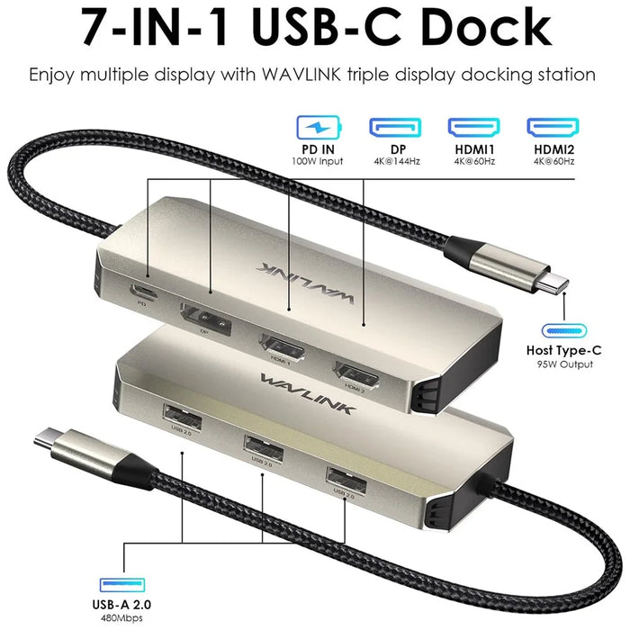 WAVLINK WL-UMD308L Triple 4K Docking Station USB-C Hub Adapter with HD / DP / 100W PD Ports for Laptops - Silver - 5