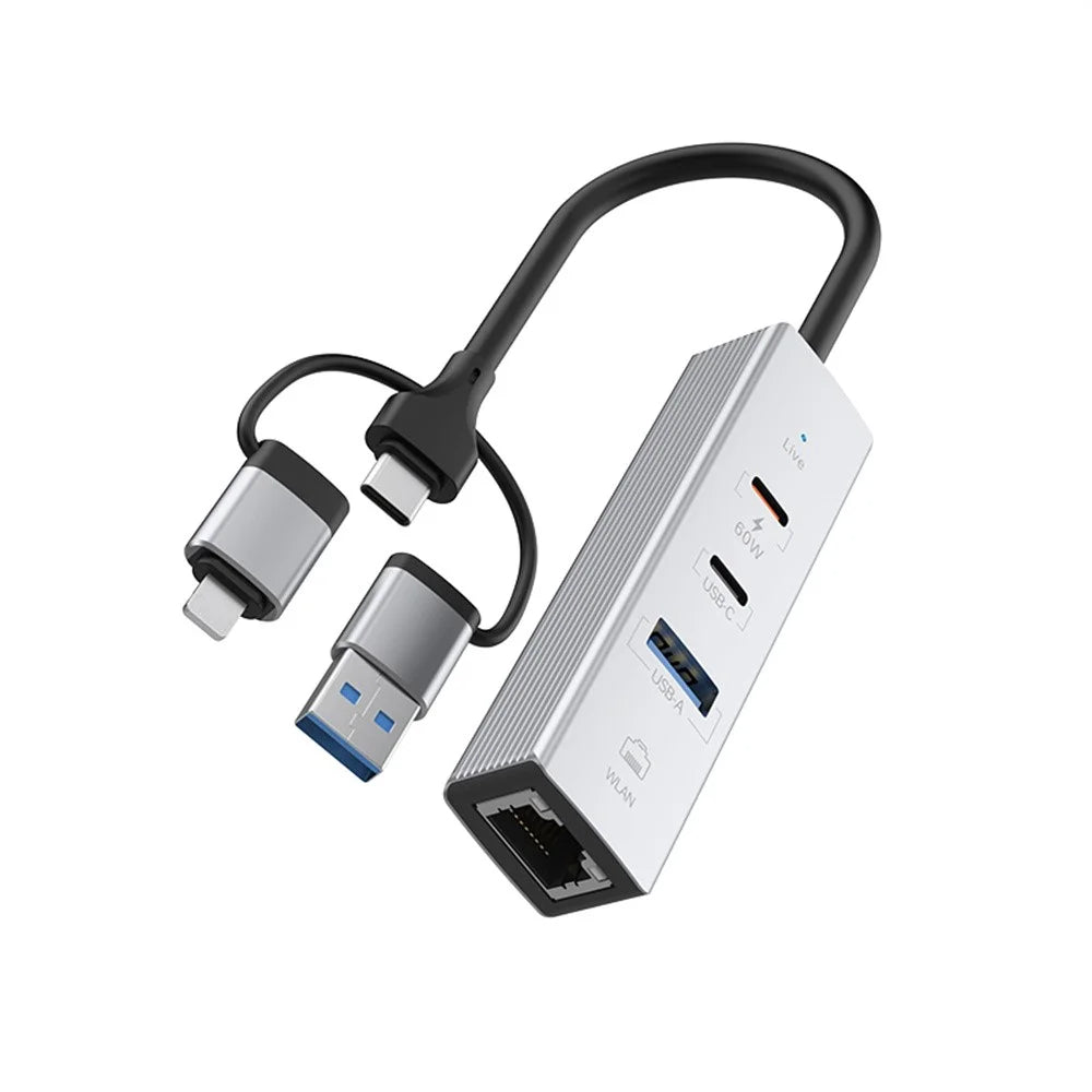PD 60W 4 in 1 Hub Adapter iP / USB / Type-C Converter with Gigabit Ethernet / Digital Audio / Data Transfer for Laptops / PCs / Tablets / Phones - Silver - 1