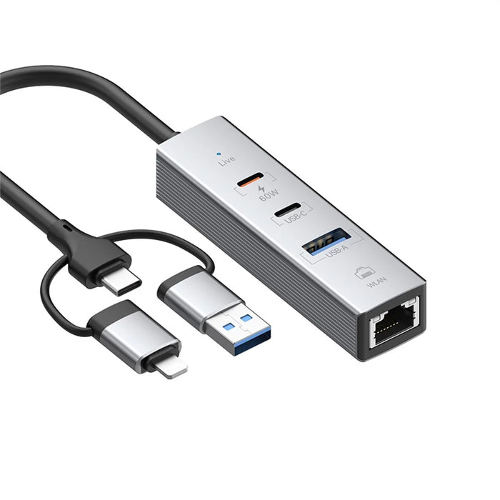 PD 60W 4 in 1 Hub Adapter iP / USB / Type-C Converter with Gigabit Ethernet / Digital Audio / Data Transfer for Laptops / PCs / Tablets / Phones - Silver - 2